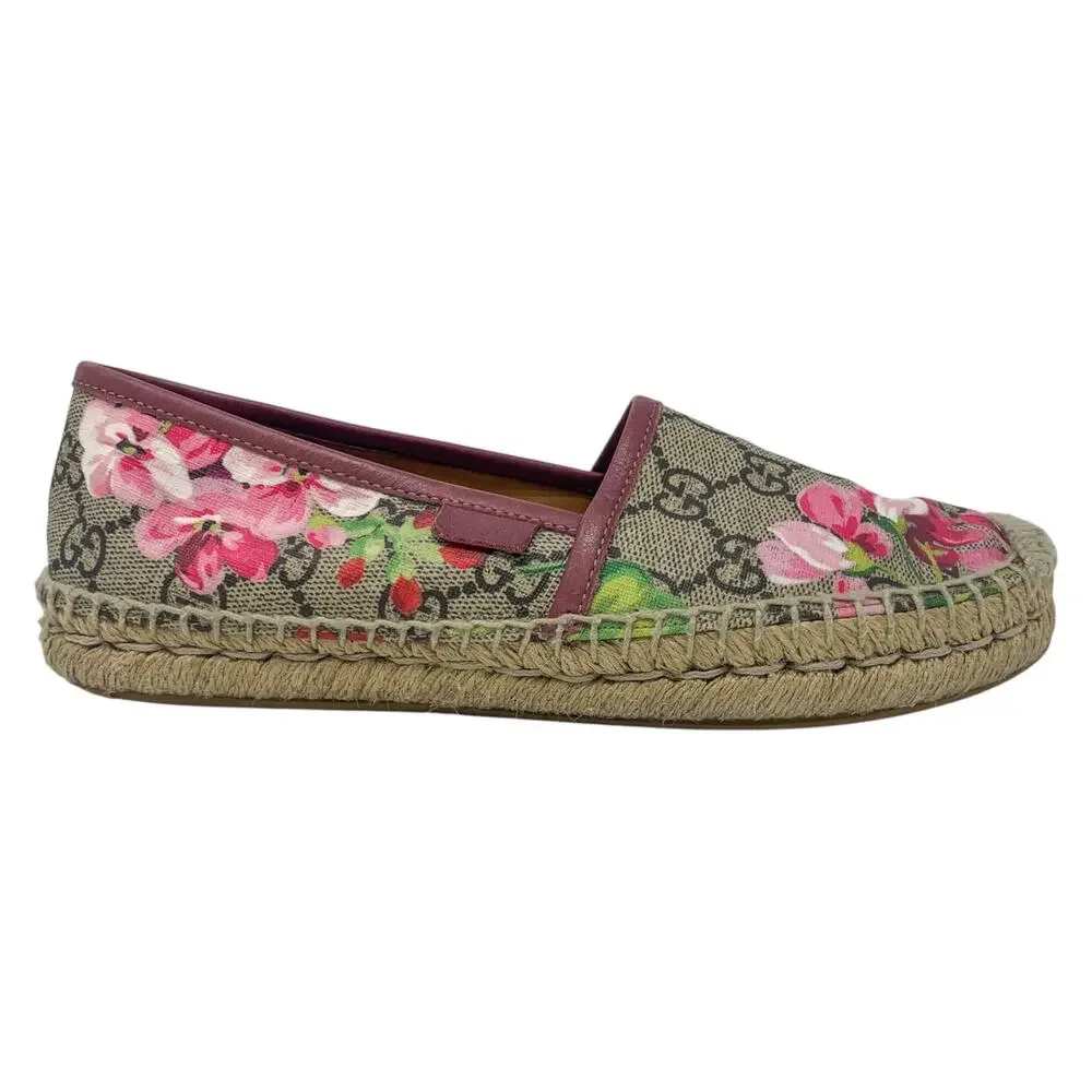 Gucci Bloom GG Supreme Monogram Canvas Pink Floral Print Espadrille Flats 34